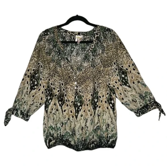 Fig & Flower Animal Print Blouse Women's XL 3/4 Sleeve Bubble Hem Anthropologie - Picture 1 of 9
